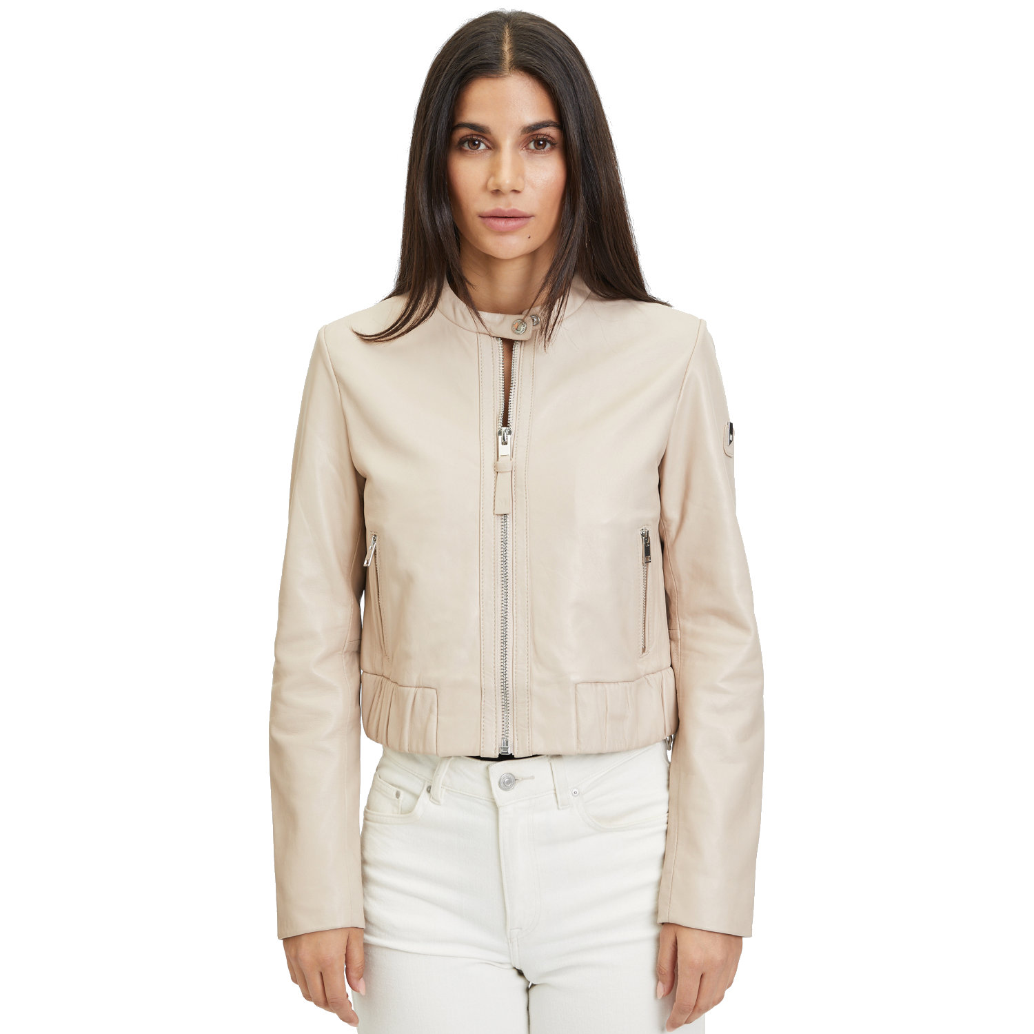 Damska krótka skórzana kurtka Mauritius Jasnobeżowa MWAmalie – BLACK FRIDAY