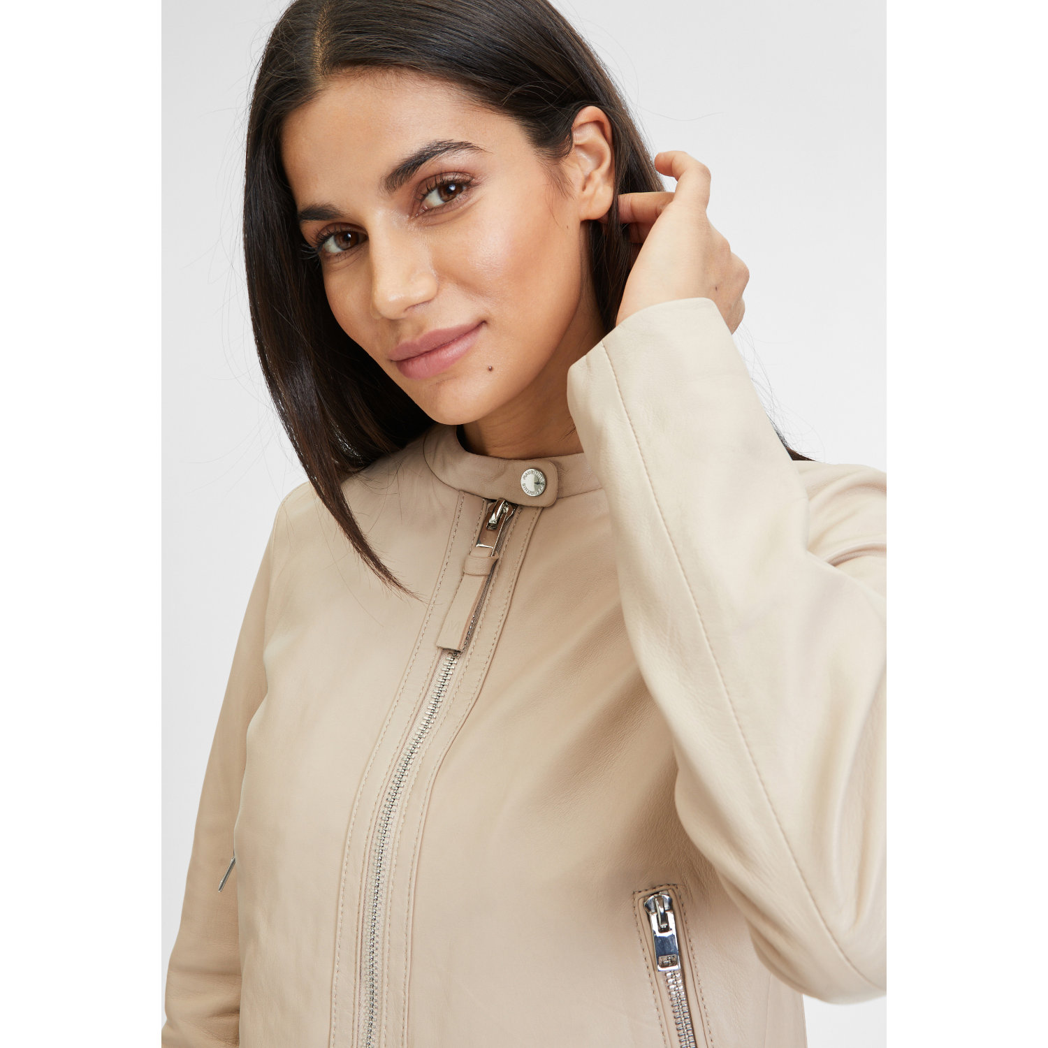 Damska krótka skórzana kurtka Mauritius Jasnobeżowa MWAmalie – BLACK FRIDAY