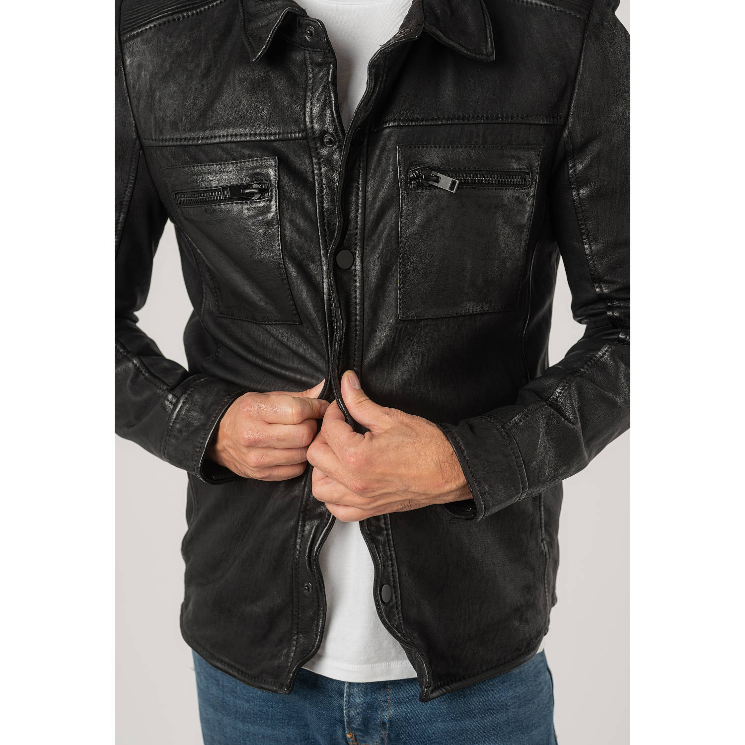 Męska skórzana koszula 2.0 od Mauritius Czarna 2MDonn – Koszule skórzane