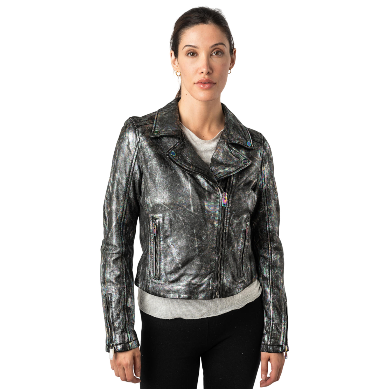 Kurtka skórzana damska 2.0 od Mauritius, czarna/holograficzna, 2Wnishell – Kurtki skórzane