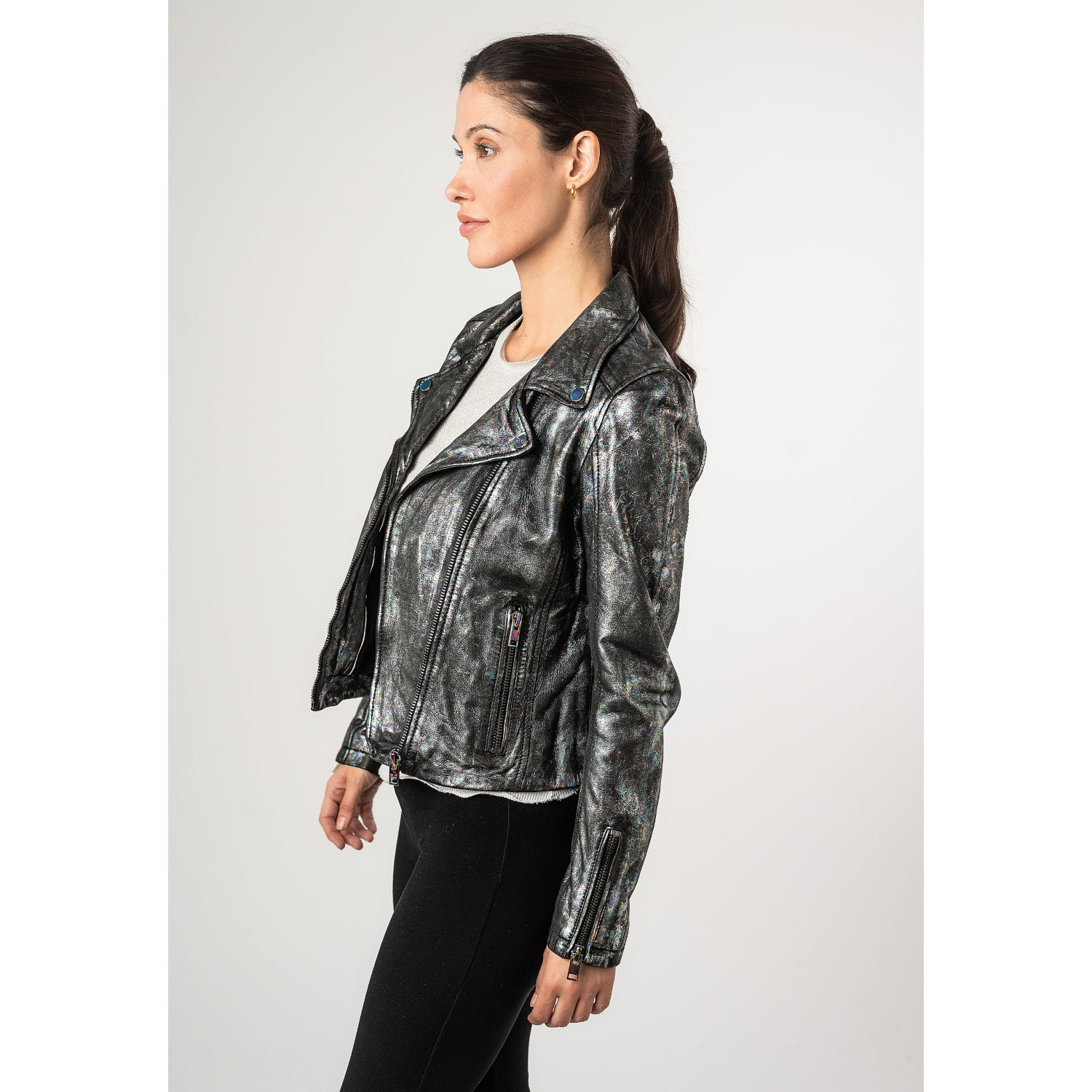 Kurtka skórzana damska 2.0 od Mauritius, czarna/holograficzna, 2Wnishell – Kurtki skórzane
