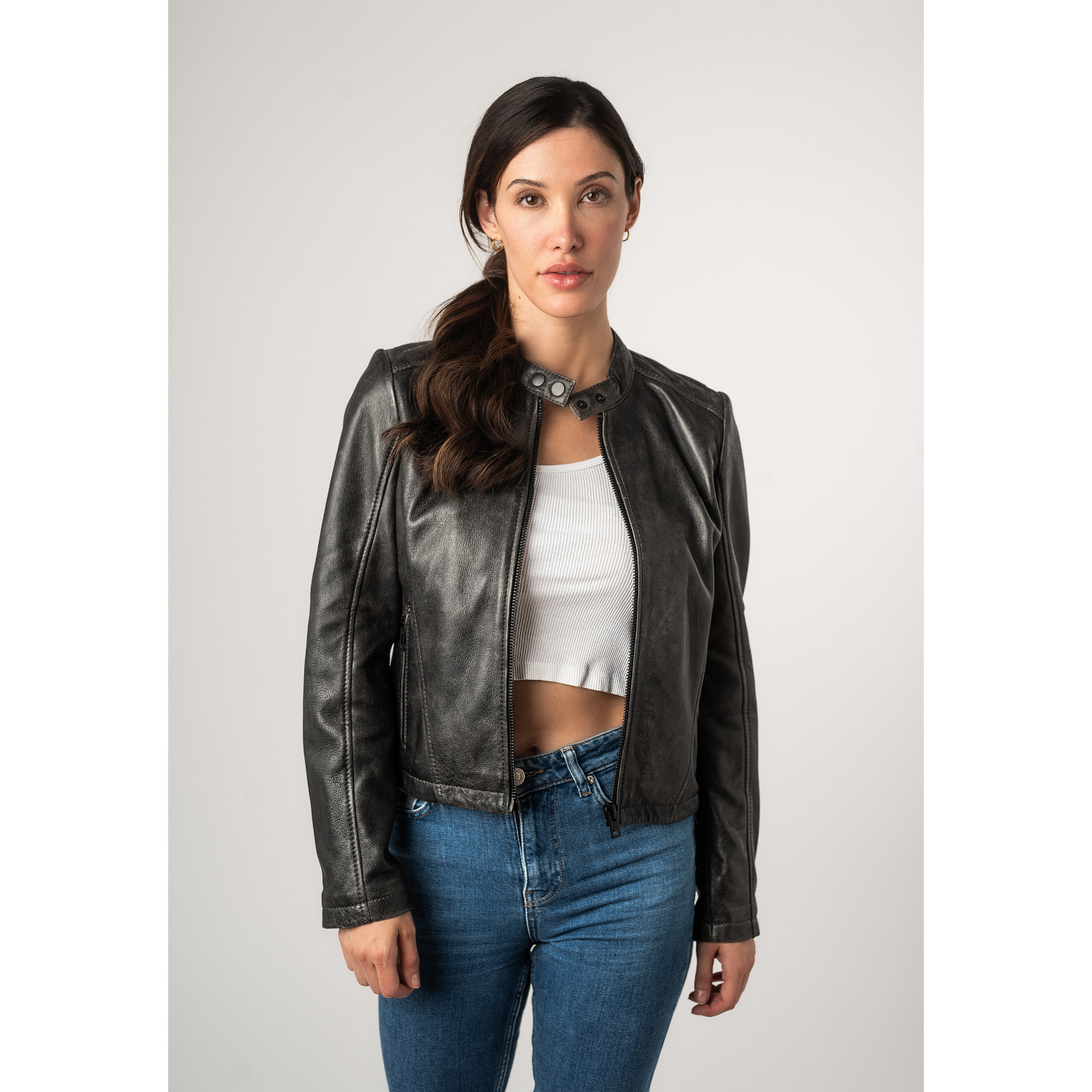 Kurtka skórzana damska 2.0 od Mauritius w kolorze vintage grey 2Wrayla – Kurtki skórzane