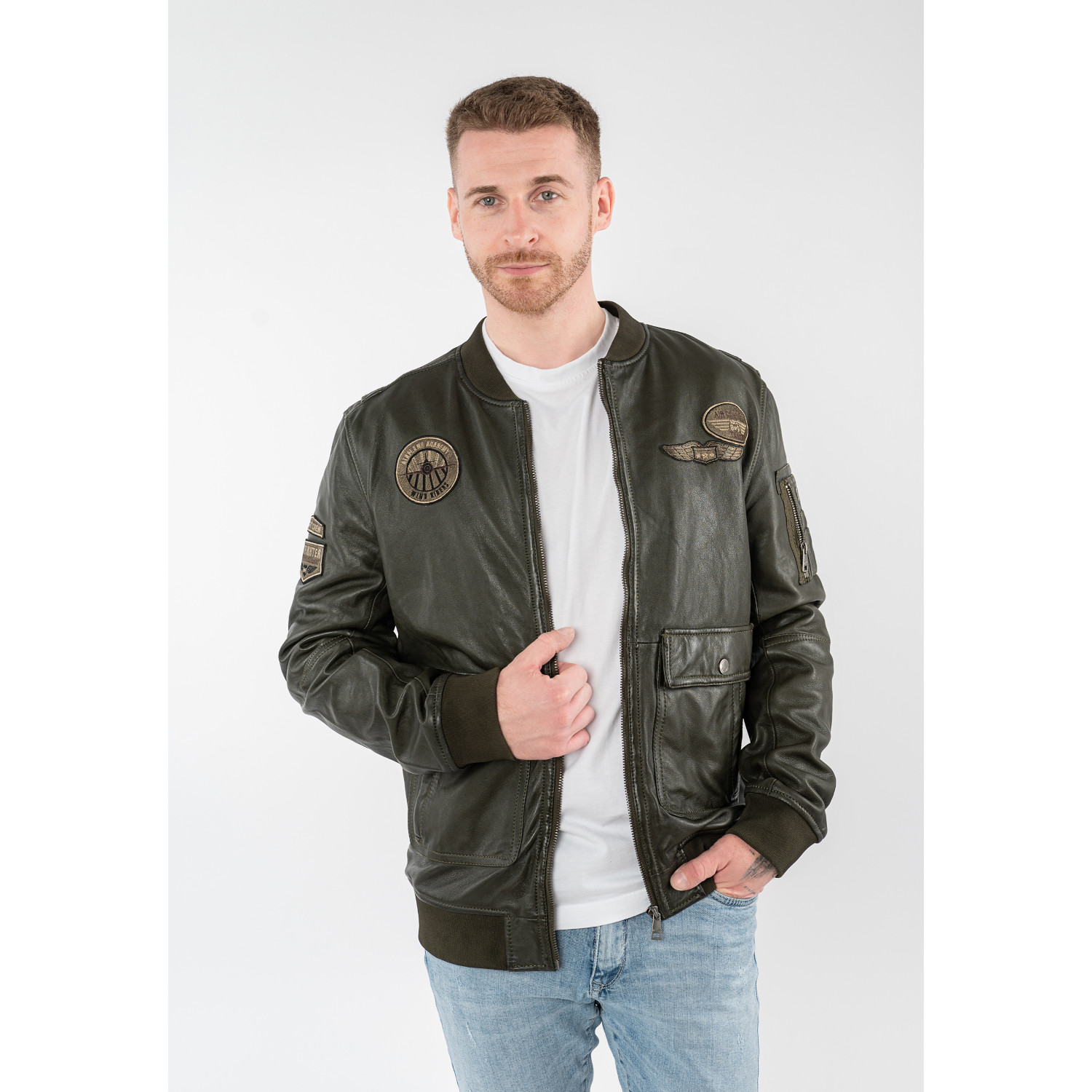 Męska skórzana kurtka Mauritius Wojskowa zielona MMAirpilot