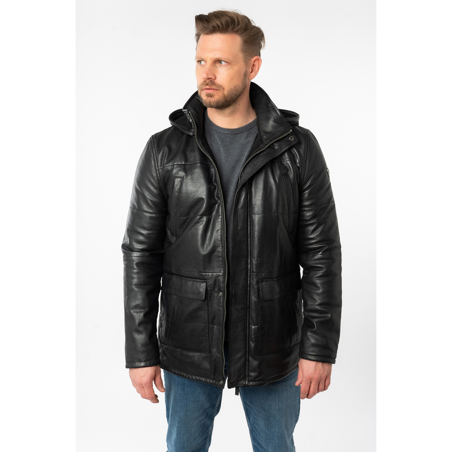 Męska długa zimowa kurtka skórzana Mauritius Ciemny antracyt MMBelous – BLACK FRIDAY