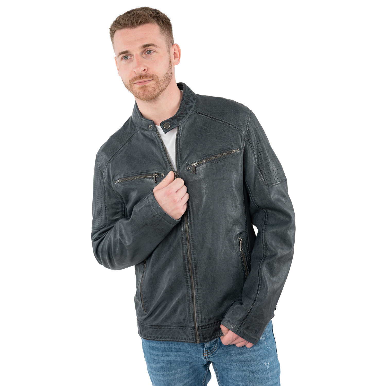 Męska skórzana kurtka Mauritius ciemnoniebieska MMBroum