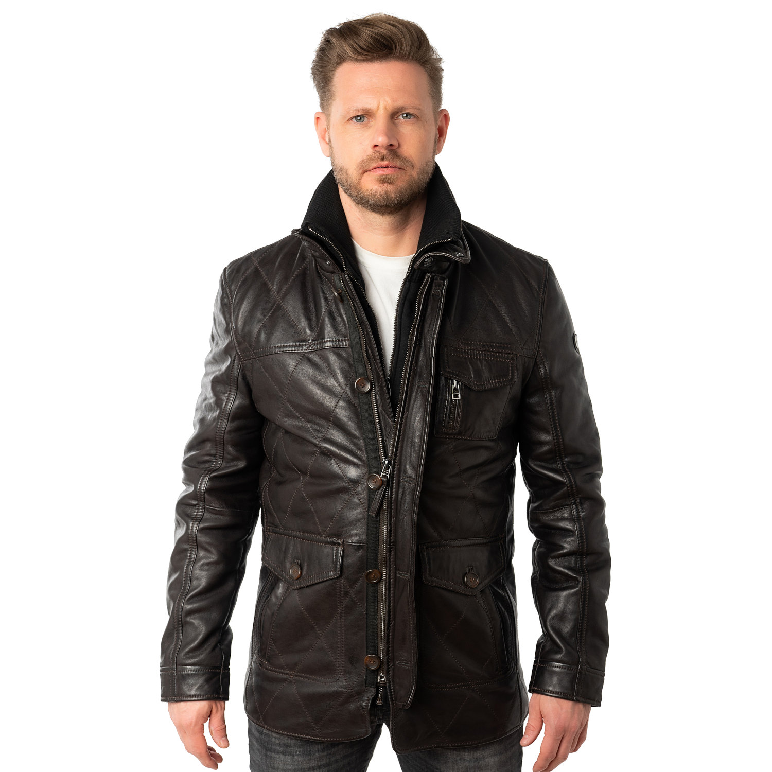 Męska długa skórzana kurtka Mauritius Ciemnobrązowa MMCassimo – Kurtki skórzane