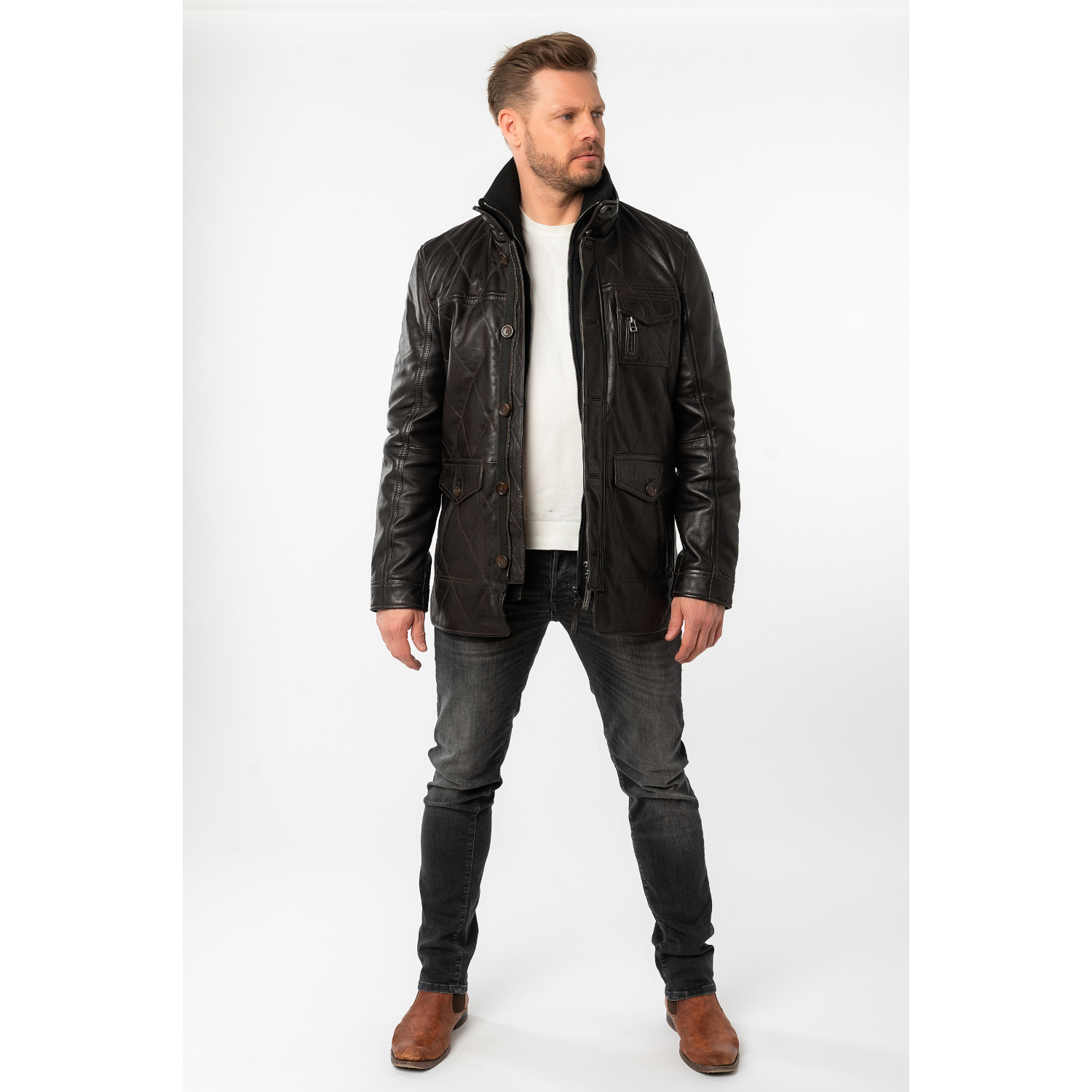 Męska długa skórzana kurtka Mauritius Ciemnobrązowa MMCassimo – Kurtki skórzane