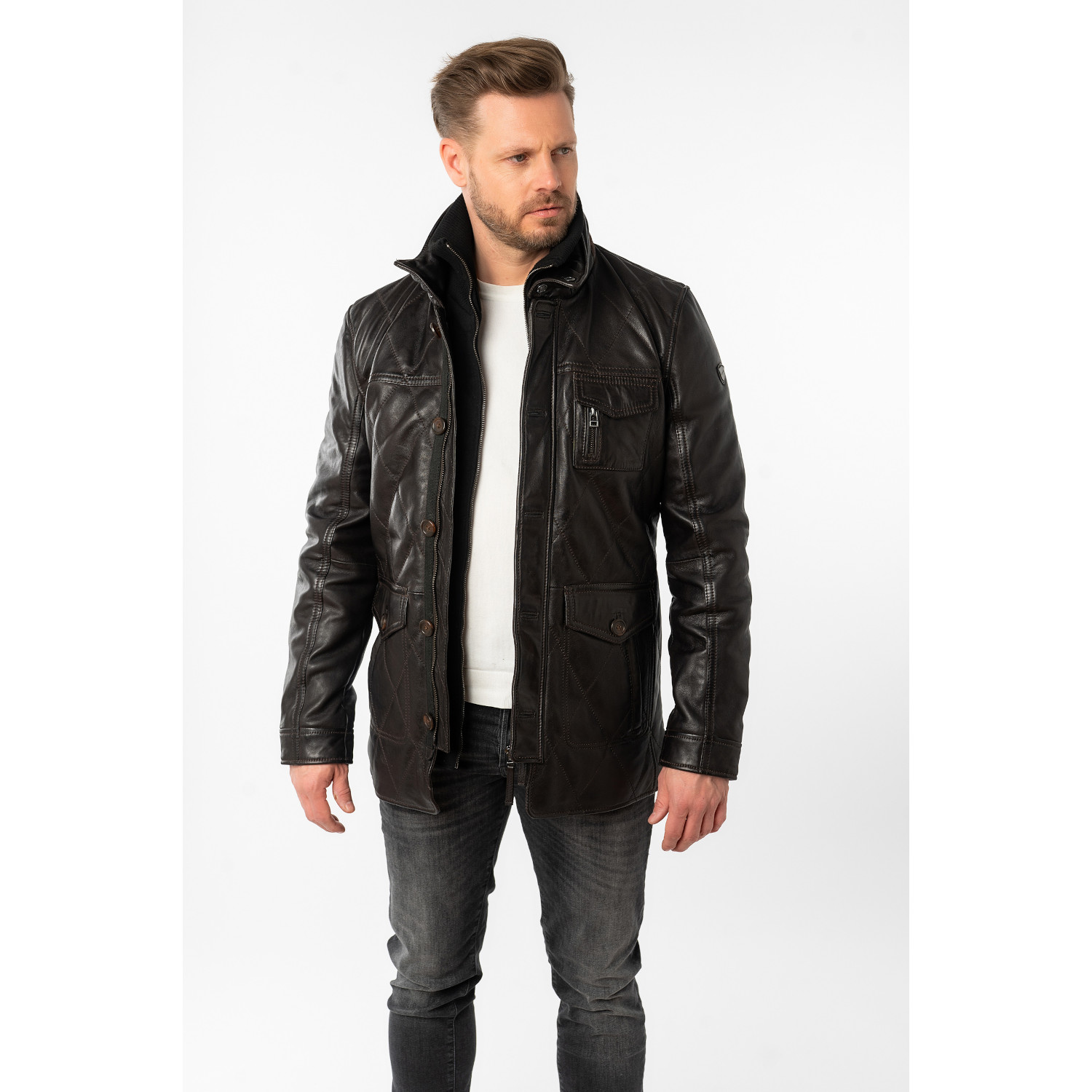 Męska długa skórzana kurtka Mauritius Ciemnobrązowa MMCassimo – Kurtki skórzane