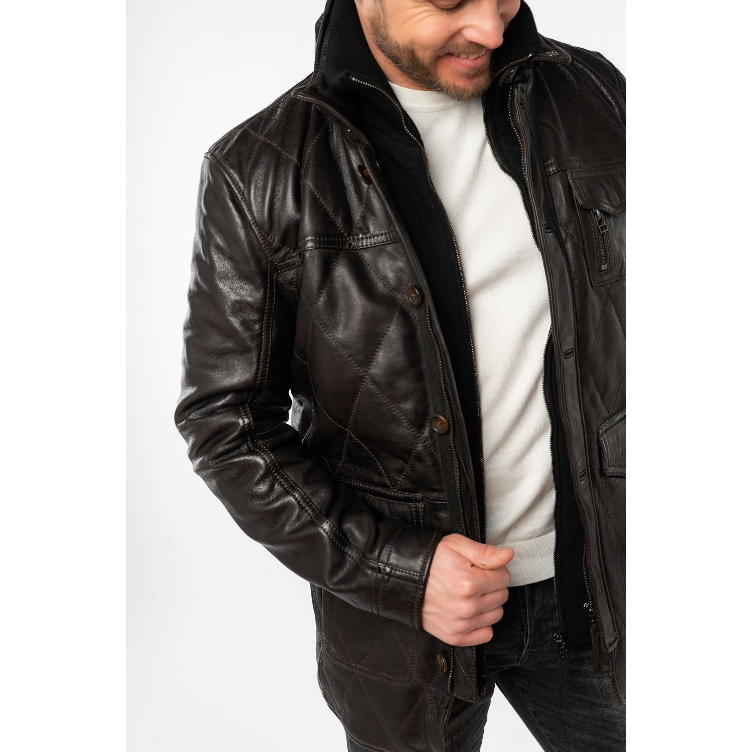 Męska długa skórzana kurtka Mauritius Ciemnobrązowa MMCassimo – Kurtki skórzane