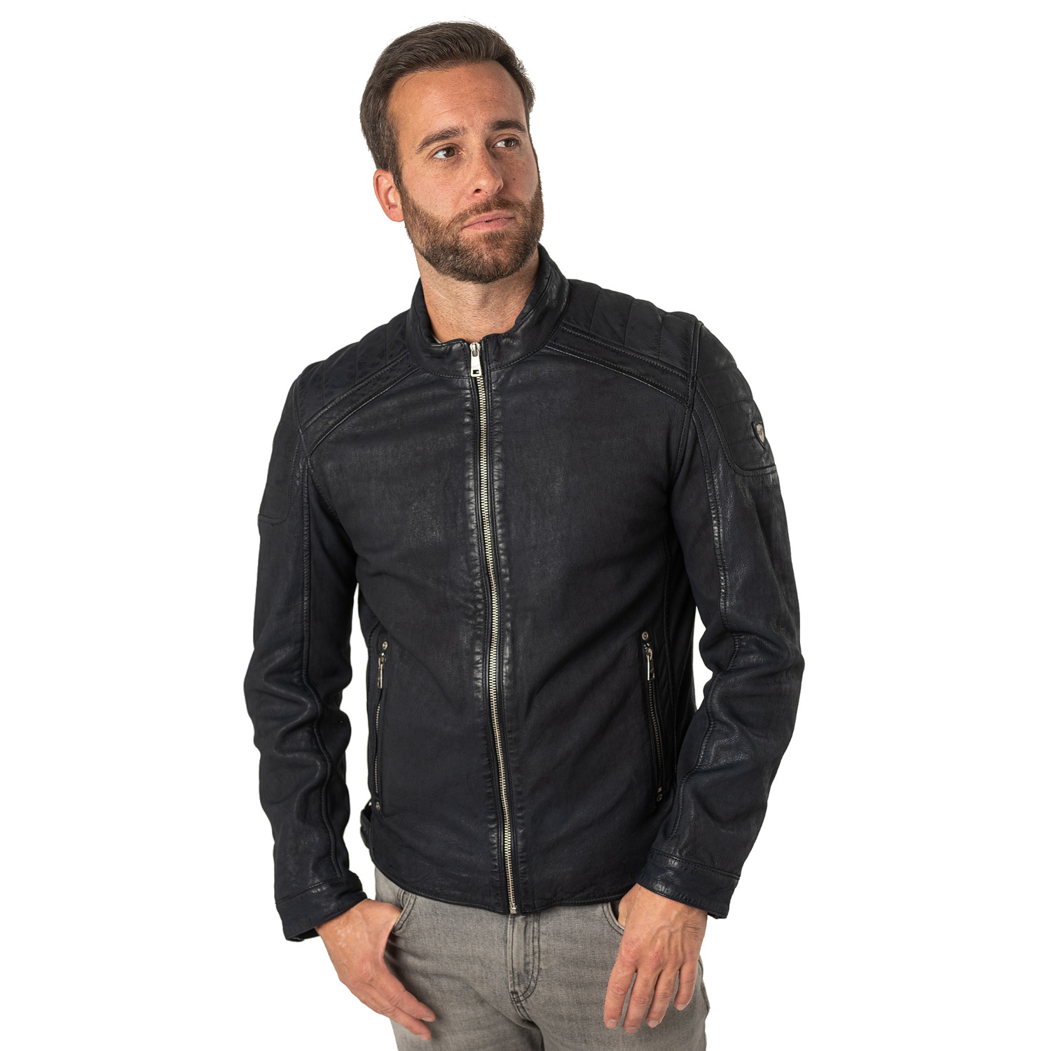 Męska skórzana kurtka Mauritius ciemnoniebieska MMCayo – Kurtki skórzane