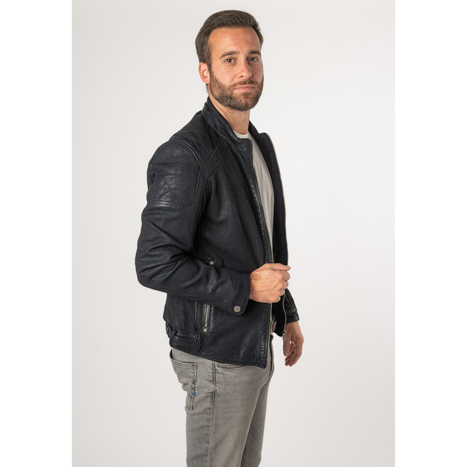 Męska skórzana kurtka Mauritius ciemnoniebieska MMCayo – Kurtki skórzane