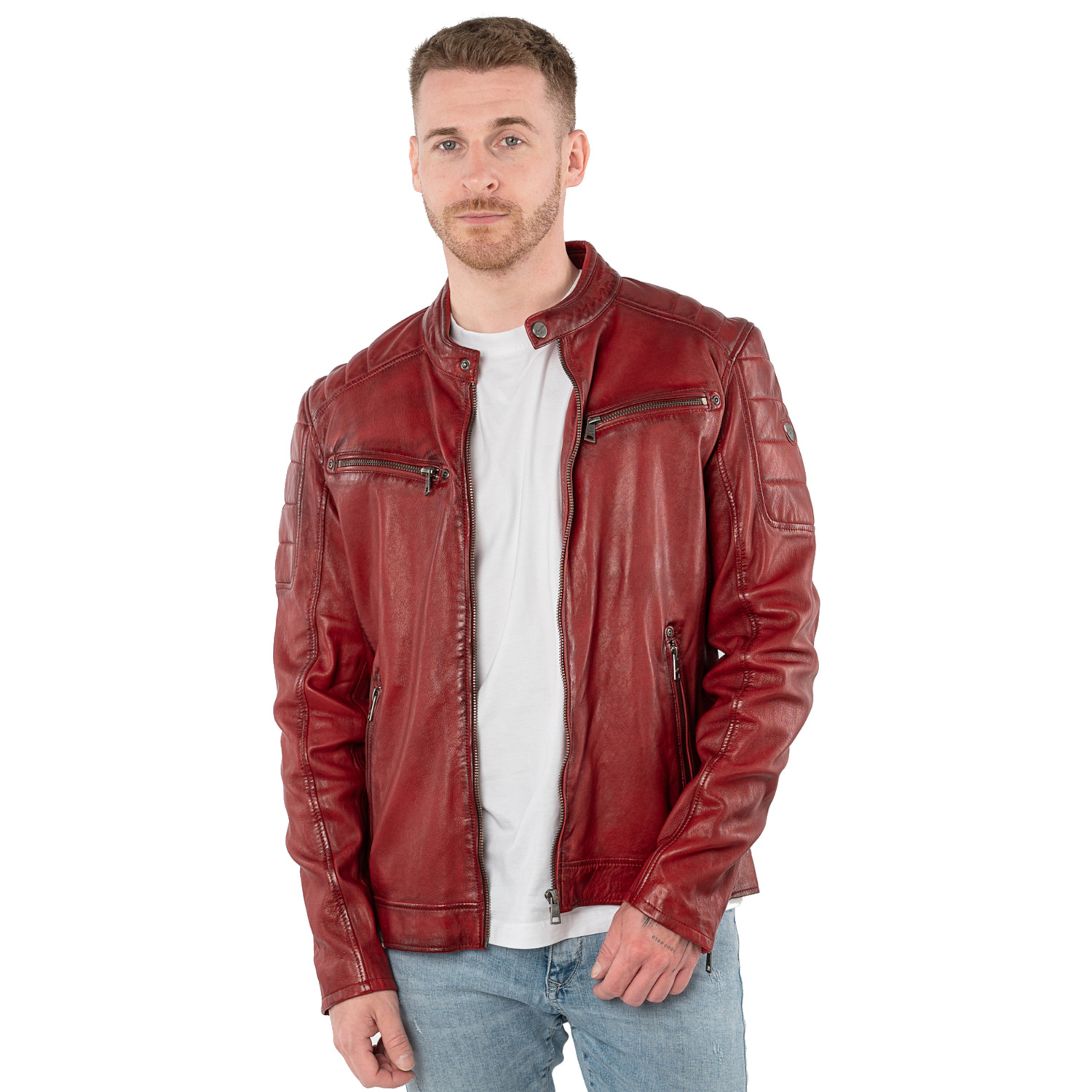 Męska skórzana kurtka Mauritius czerwona MMDerry – Kurtki skórzane