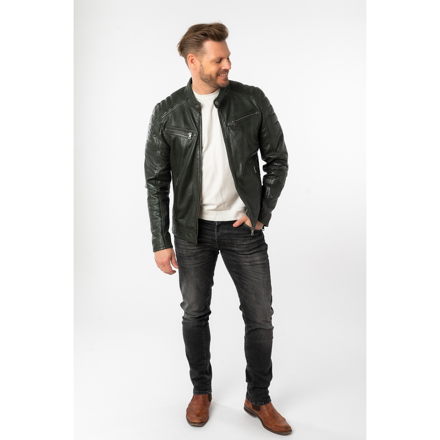 Męska skórzana kurtka Mauritius Ciemnozielona MMDerry – Kurtki skórzane