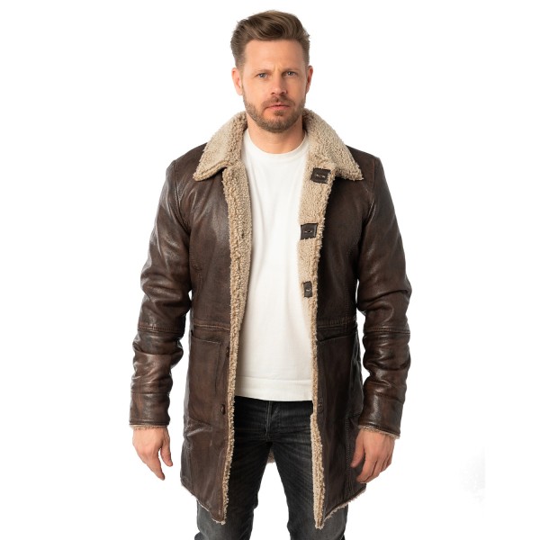 Męska długa zimowa kurtka skórzana Mauritius Antyczny brąz MMGrisz