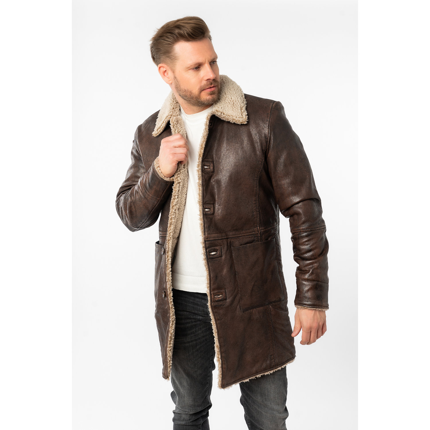 Męska długa zimowa kurtka skórzana Mauritius Antyczny brąz MMGrisz – Kurtki skórzane