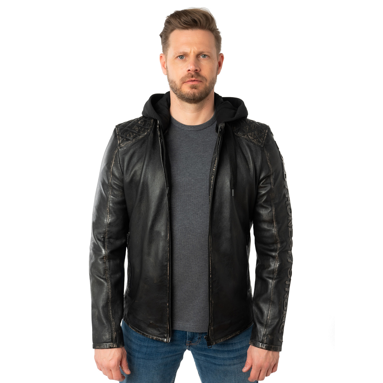 Męska skórzana kurtka Mauritius Antyczna czerń MMHayato – Kurtki skórzane