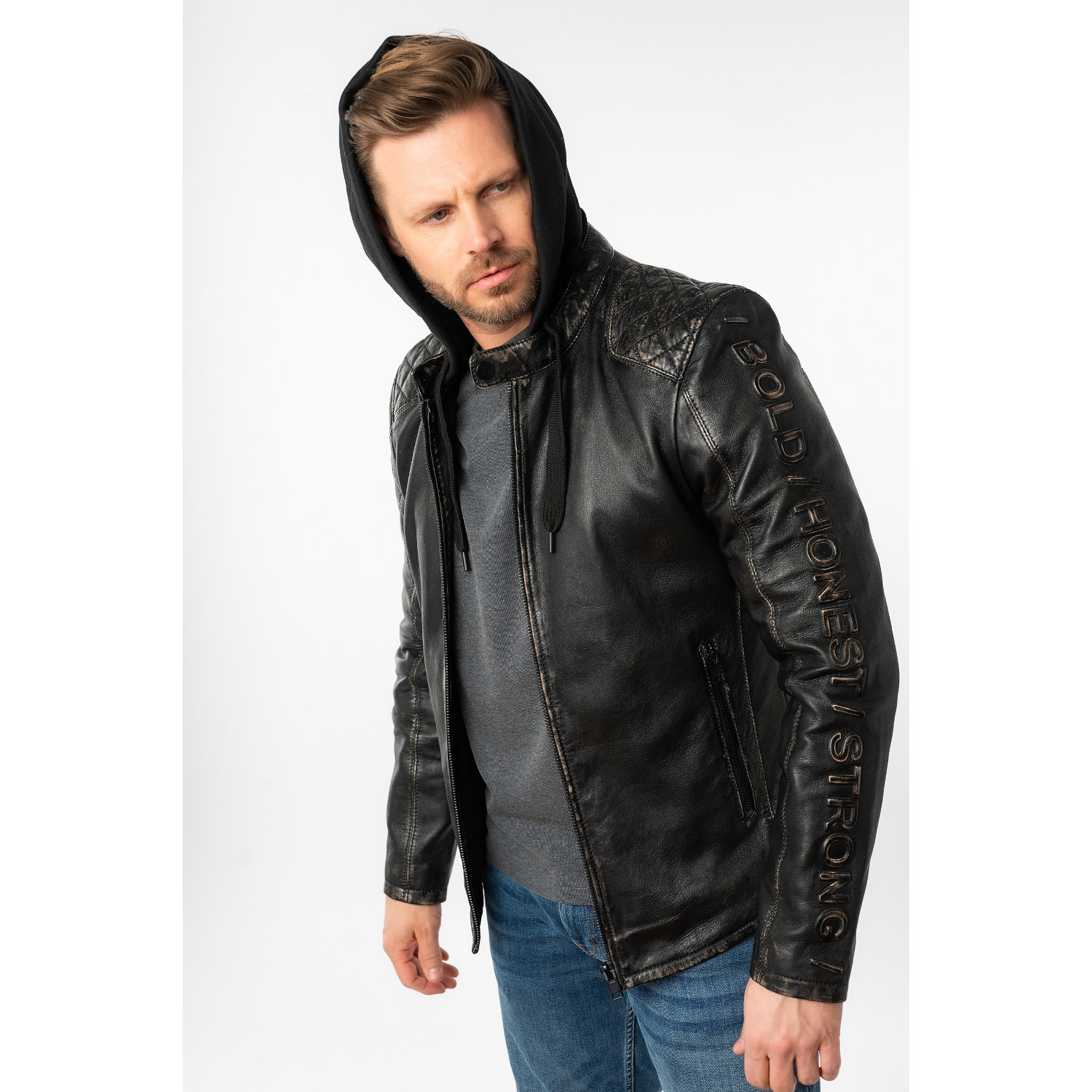 Męska skórzana kurtka Mauritius Antyczna czerń MMHayato – Kurtki skórzane