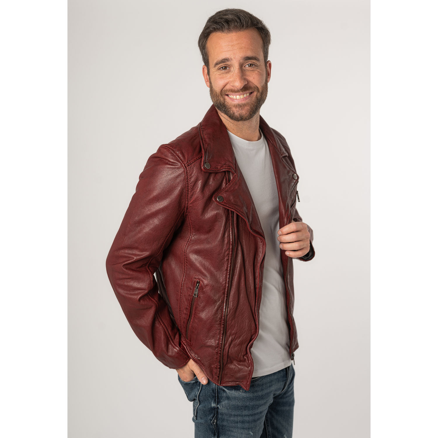 Męska skórzana kurtka Mauritius ciemnoczerwona MMKunro – Kurtki skórzane