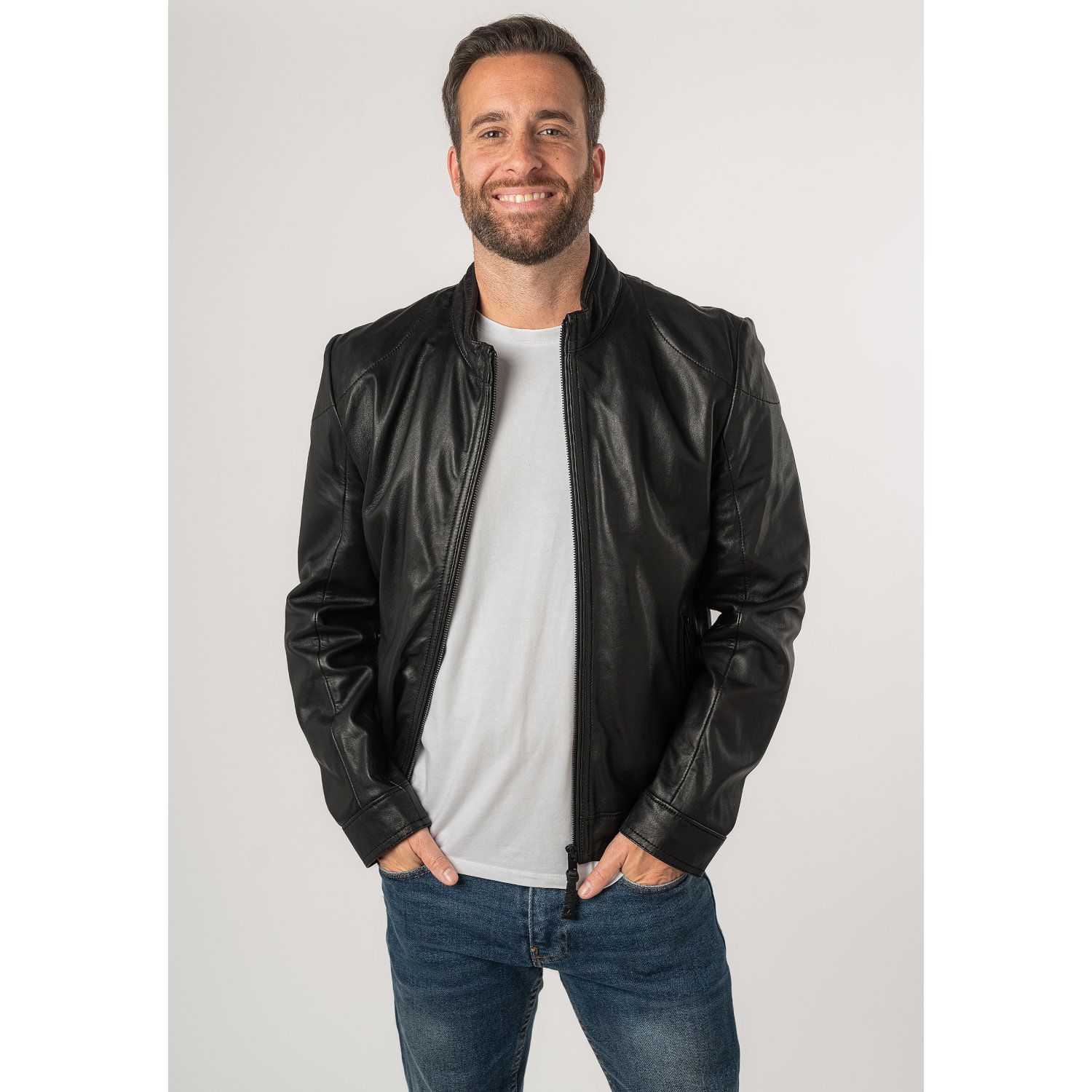 Męska skórzana kurtka Mauritius Srebrno-czarna MSMTaavi – Kurtki skórzane