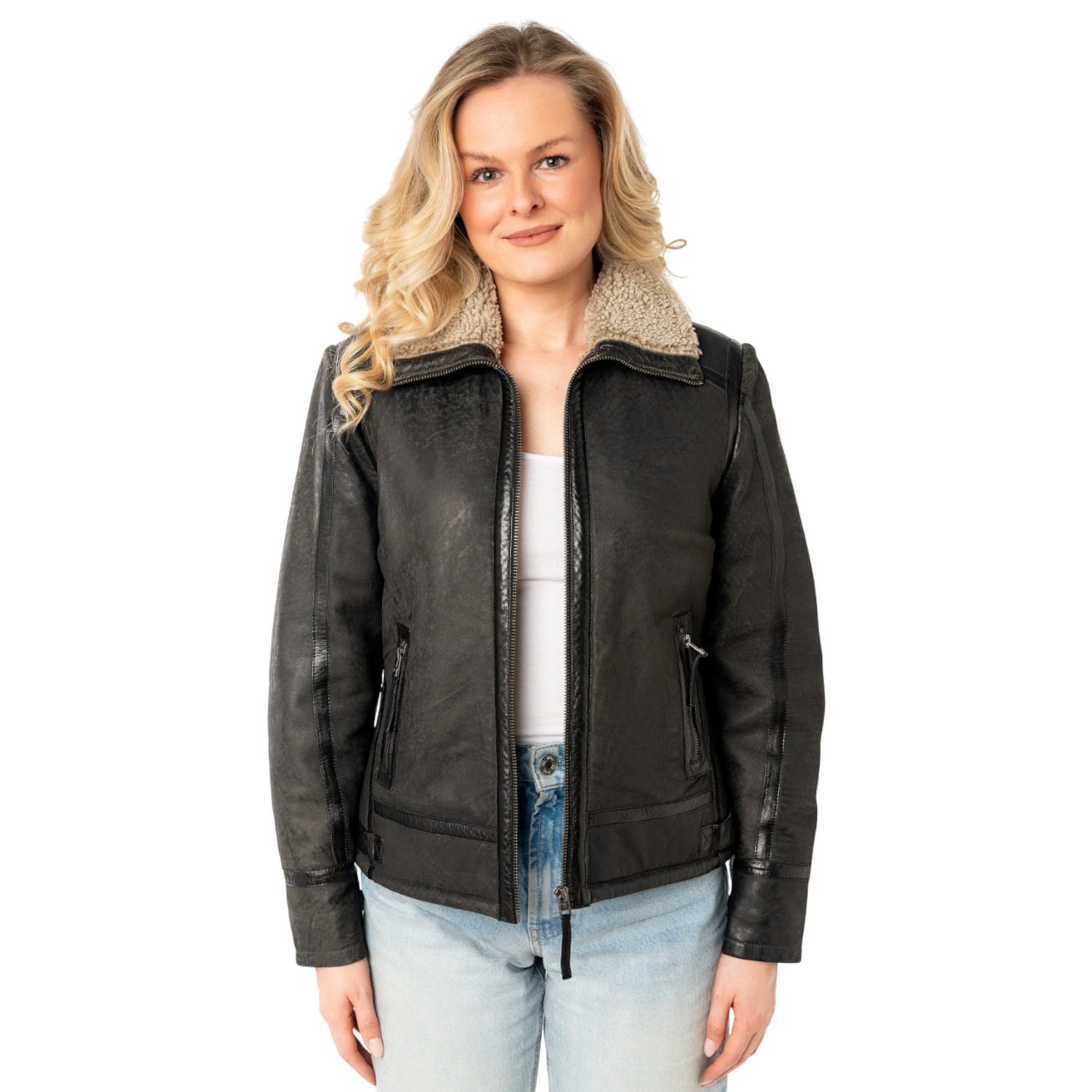 Damski skórzany płaszcz Mauritius antracytowy MWIske – Kurtki zimowe