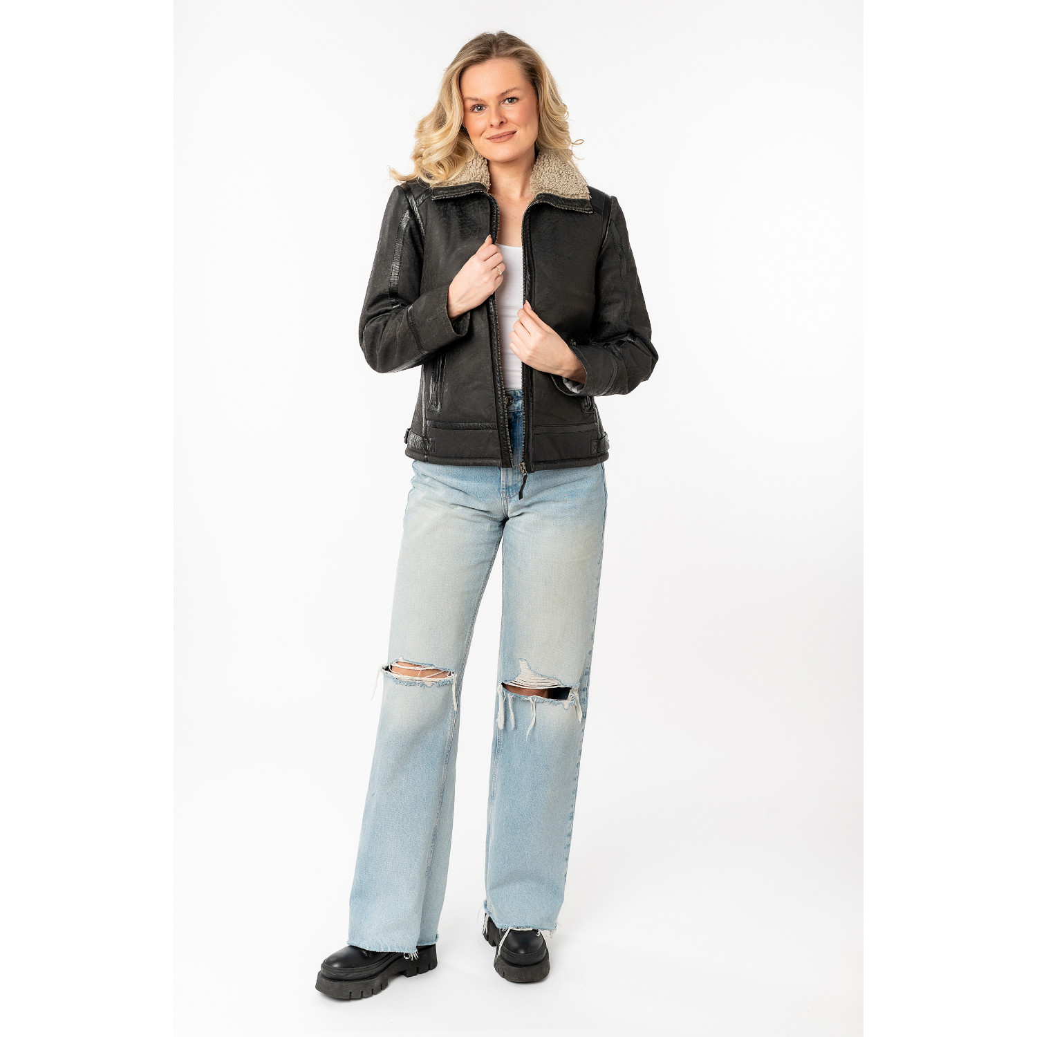 Damski skórzany płaszcz Mauritius antracytowy MWIske – Kurtki zimowe