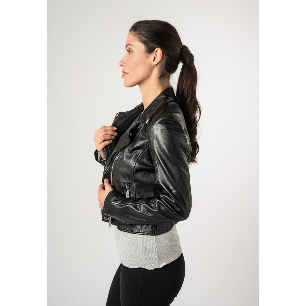 Damska krótka skórzana kurtka Mauritius Czarna MWKajah - readytowear