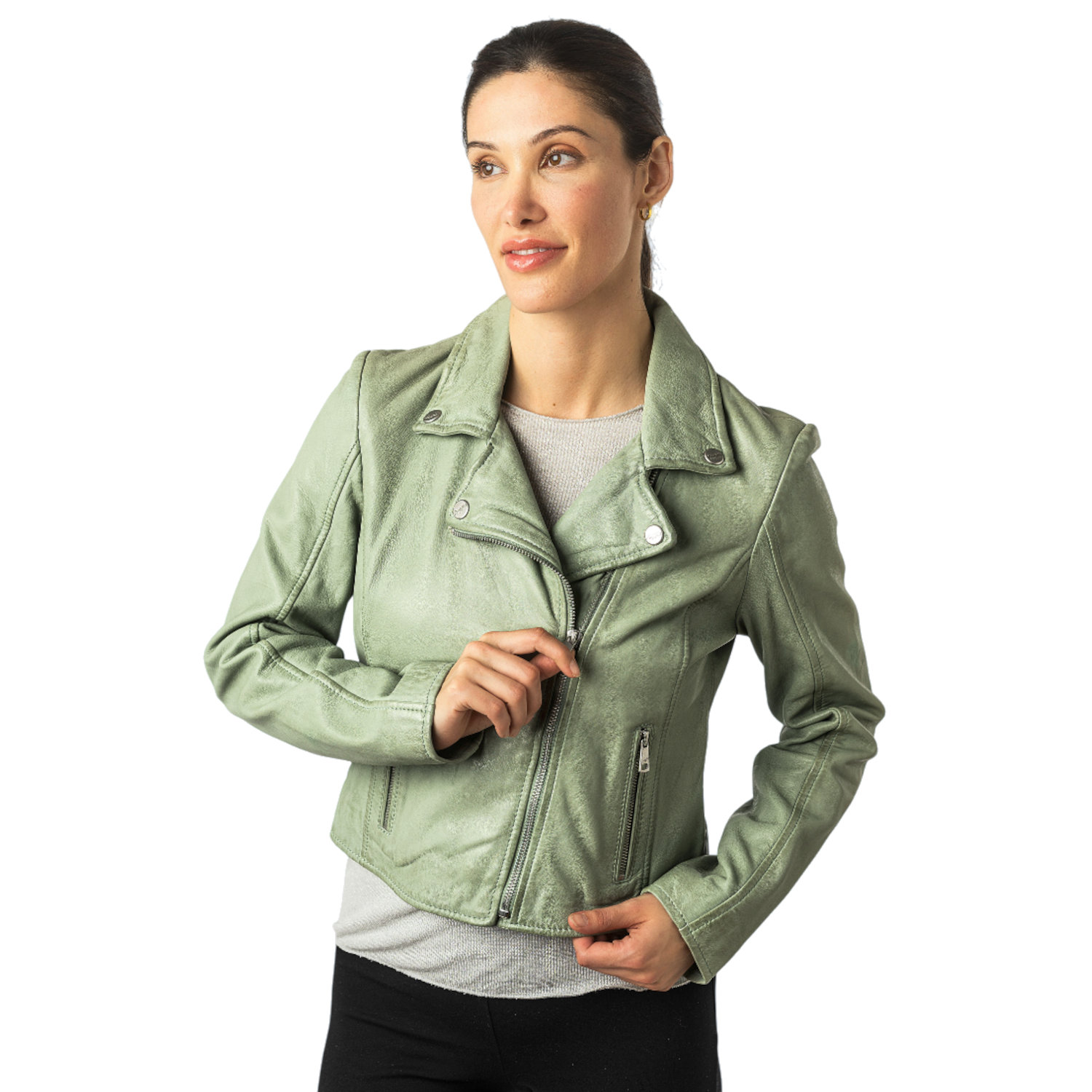 Krótka skórzana kurtka damska Mauritius Miętowa zieleń MWKajah – Kurtki skórzane