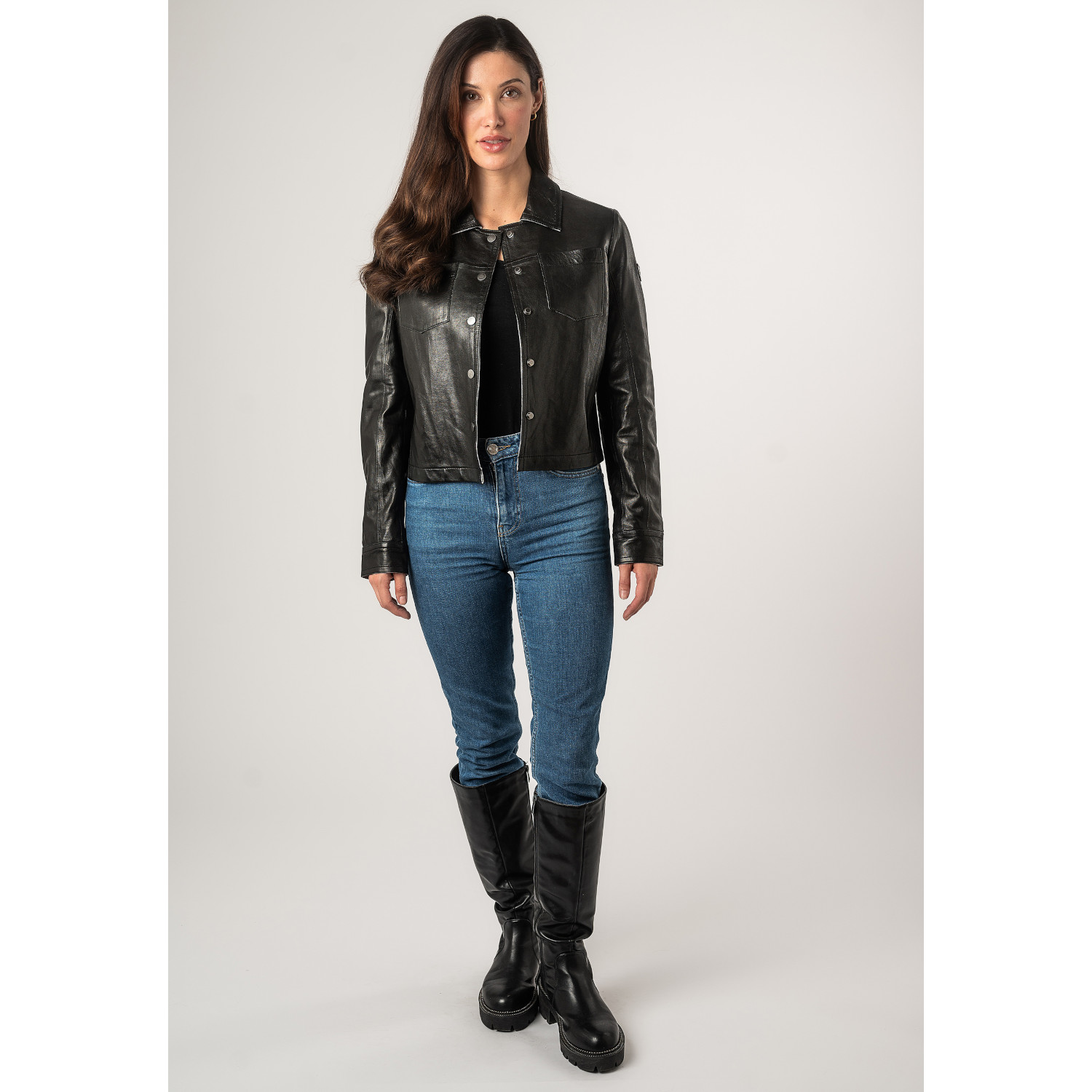 Damska krótka skórzana kurtka Mauritius Czarna MWLefei – Kurtki skórzane