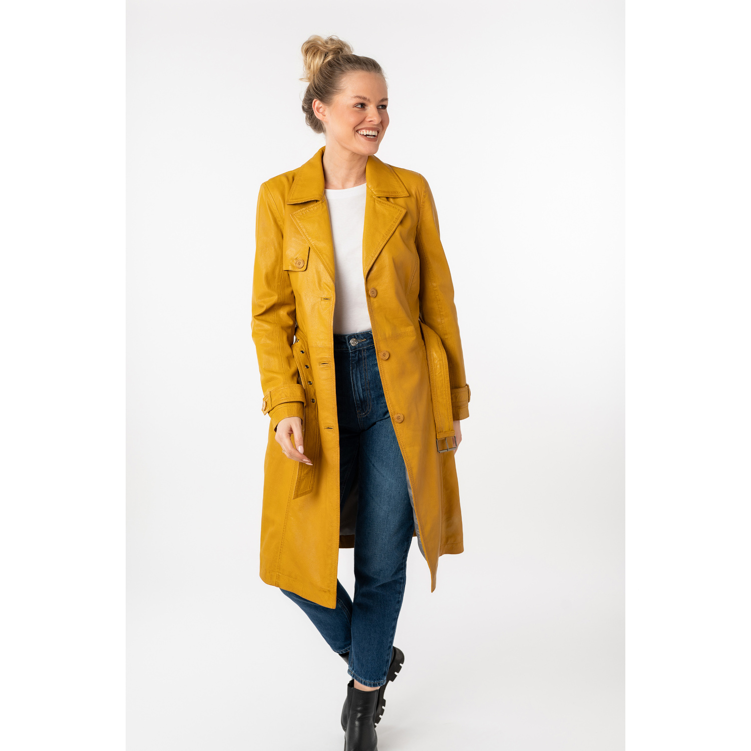 Długa skórzana kurtka damska Mauritius Ciemnożółta MWLiya – Kurtki skórzane