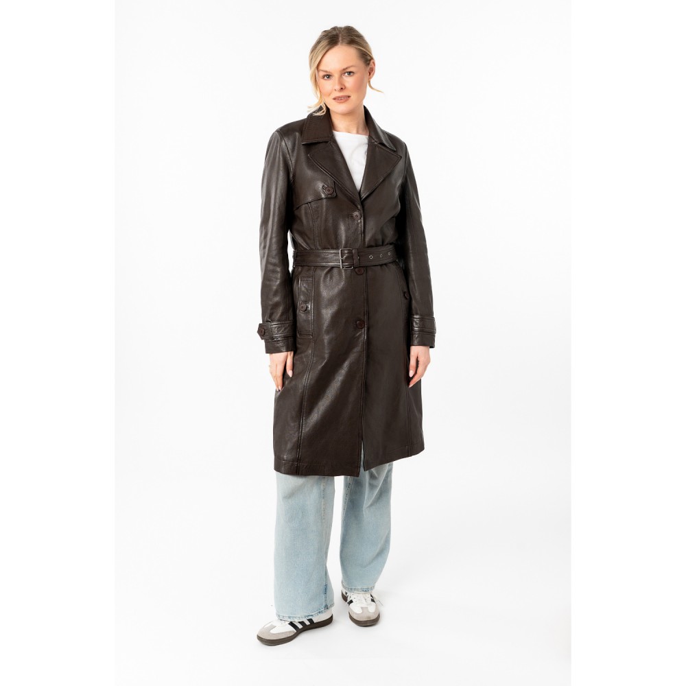 Długa skórzana kurtka damska Mauritius Ciemnobrązowa MWLiya - readytowear
