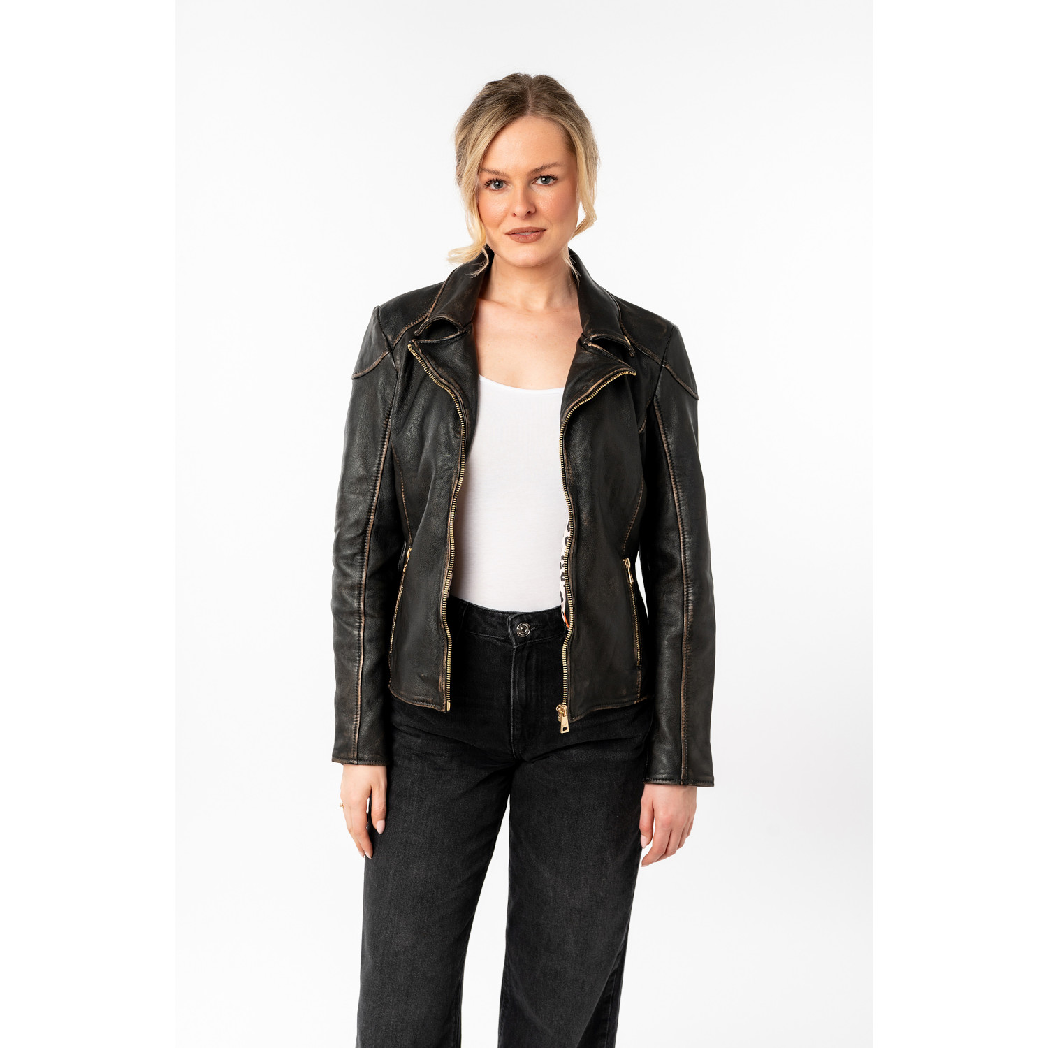 Kurtka skórzana damska Mauritius czarno-beżowa MWPeetho – Kurtki skórzane