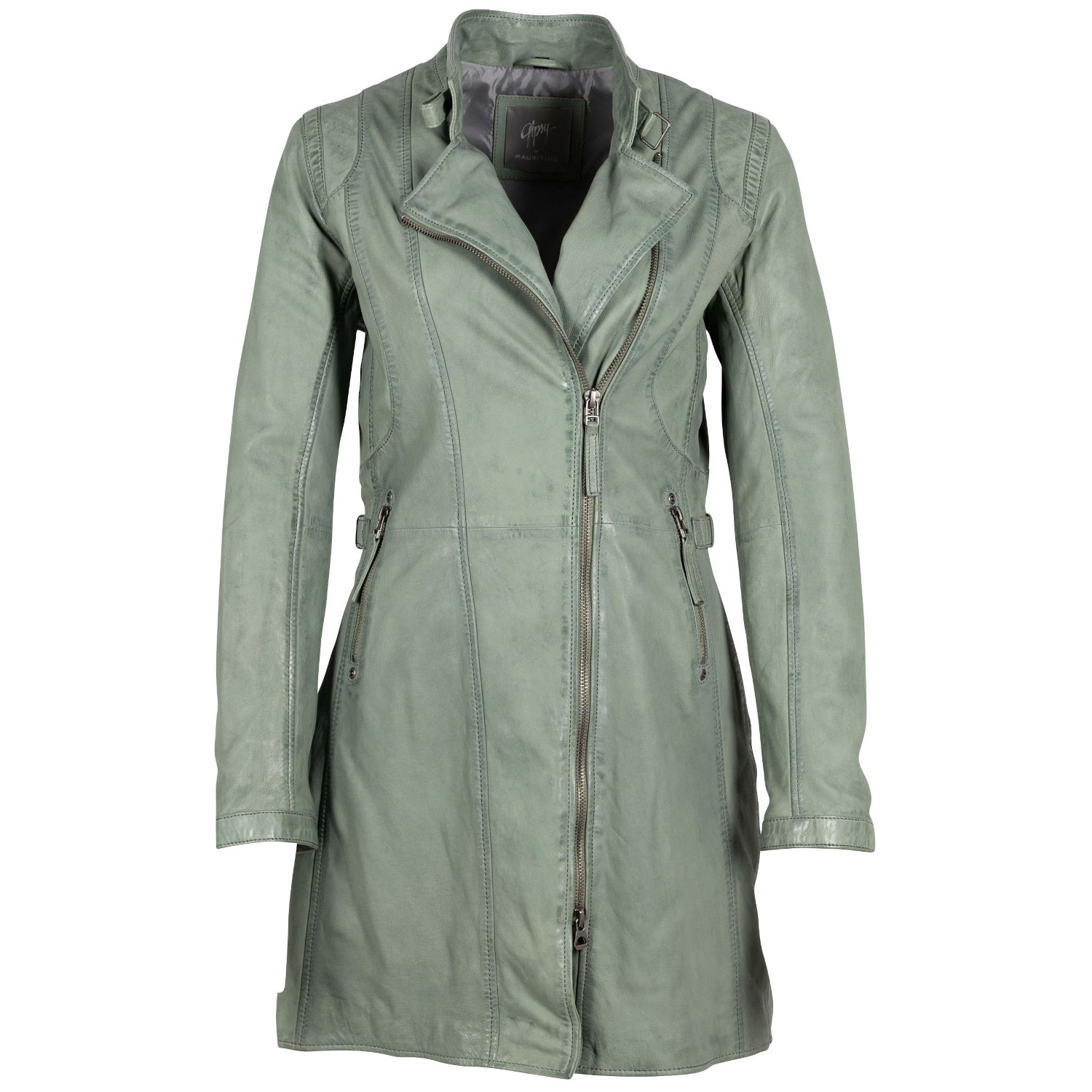 Długa skórzana kurtka damska Gipsy Jasnozielona Margarethe – BLACK FRIDAY